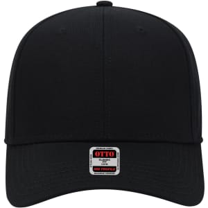 A black 6 panel mid profile baseball cap with a logo label at the front.