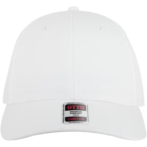 A white six-panel low profile baseball cap with a logo and a comfortable fit design.