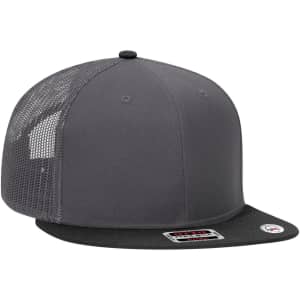 A grey mid-profile trucker cap featuring a mesh back and a black undervisor. It includes a logo on the side.