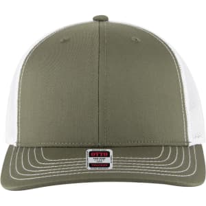 A green and white 6 panel mid profile trucker cap featuring a mesh back and a logo tag on the front.