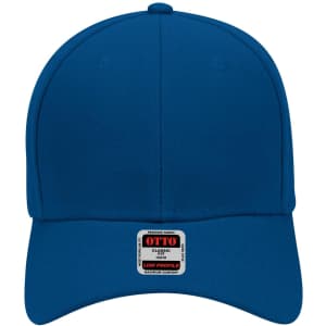 A blue 6 panel low profile baseball cap with a rectangular label on the front.