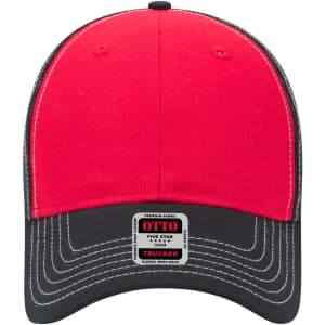 A red and black 6 panel low profile trucker cap with a mesh back and a logo.
