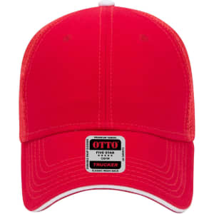 A red 6 panel low profile trucker cap featuring a logo on the front and white accents on the brim.
