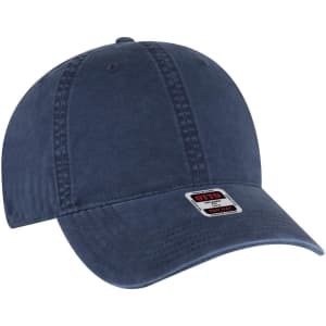 A navy blue 6 panel low profile dad cap featuring a curved brim and a logo on the front.