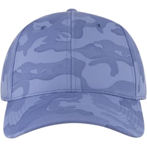 A low profile baseball cap in shades of blue with a camouflage pattern and a logo.