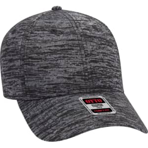 A grey, textured six-panel low-profile baseball cap with a branded tag.