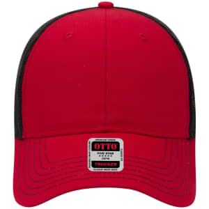 A red 6 panel low profile trucker cap with a black mesh back and a logo label on the front.