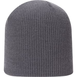 A grey rib knit beanie with a snug fit, featuring a simple design and a branding logo.