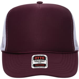 A maroon 5 panel high crown trucker cap with a mesh back and a logo on the front panel.