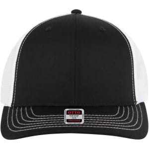 A black and white 6 panel mid profile trucker cap with a stitched brim and a logo on the front.