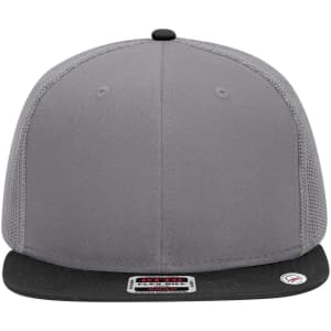 A grey 6 Panel Mid Profile Trucker Cap with a black visor, featuring a logo on the front.