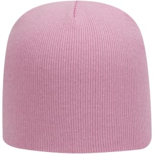 A pink classic knit beanie with a soft texture and a streamlined design. It features a branding logo.