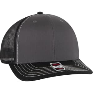 A six-panel mid-profile trucker cap in grey with a black peak and mesh sides, featuring a logo on the front.