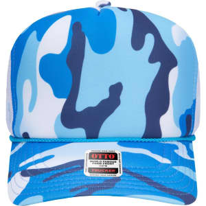 A high crown trucker cap featuring a blue camouflage pattern and a mesh back, with a logo on the front.