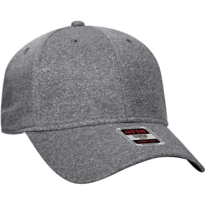 A grey low-profile baseball cap with six panels, featuring a branded tag on the front.