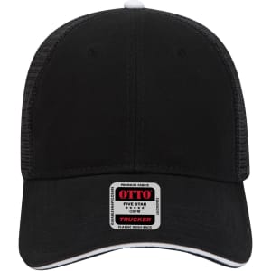 A black six-panel low profile trucker cap with a mesh back and a logo on the front.