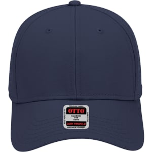 A navy blue low profile baseball cap featuring a logo on the front and a structured crown.