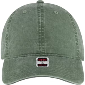 A low-profile green dad cap with a curved brim and a logo label on the front.