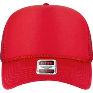 A red 5 panel high crown trucker hat featuring a foam front, mesh back, and a logo on the label.