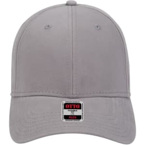 A grey 6 panel low profile baseball cap featuring a flex fit design and a small logo at the front.