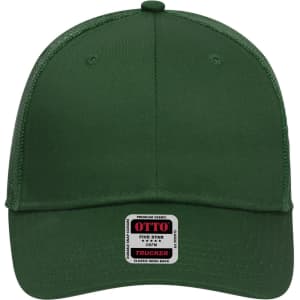 A green 6 panel low profile trucker cap with a mesh back and a branded label on the front.