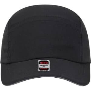 A black reflective five-panel running cap with an adjustable strap and a logo on the front.
