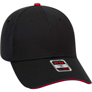 A black low profile baseball cap with red trim, featuring a logo on the front.