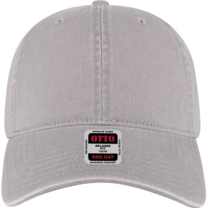 A grey dad cap with a low profile style, featuring a logo on the front label.