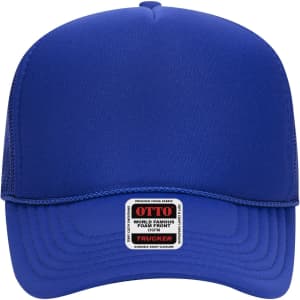 A blue 5 Panel Mid Profile Trucker Cap with a mesh back and a logo label on the front.