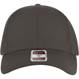A grey low profile baseball cap with a logo on the front and a label on the brim.