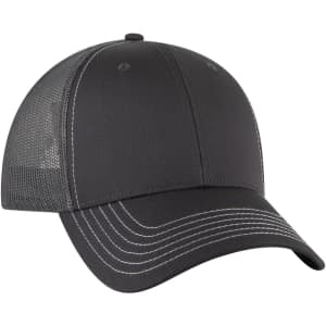 A dark grey 6-panel low profile trucker cap with a mesh back and contrasting stitching. It features a logo.