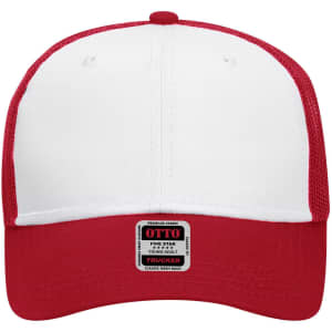 A red and white 6-panel low profile trucker cap with mesh back and a logo on the front.