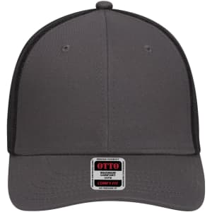 A grey baseball cap with a low profile and six panels, featuring a logo on the front.