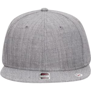 A grey snapback cap with a mid-profile and a grey undervisor, featuring a logo on the front.