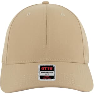 A beige 6-panel low profile baseball cap with a logo and moisture-wicking features.