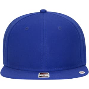 A blue six-panel mid-profile snapback cap with a flat brim and a logo on the front.