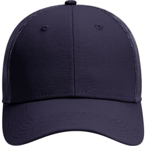 A low profile trucker cap in dark navy with a mesh back and a rounded crown. It features a logo on the front.