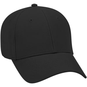 A black 6 panel low profile baseball cap with a curved brim and a logo on the front.