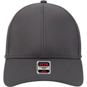 A grey UPF 50+ 6 panel low profile baseball cap with a logo and a textured fabric design.