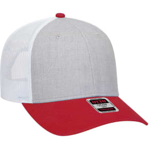 A grey and red low profile trucker cap with a mesh back and a small logo on the front.