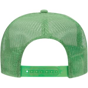 A green 5 Panel High Crown Trucker Cap featuring a mesh back and adjustable strap. It has a logo on the front.