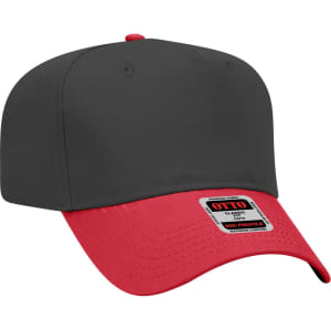 A cap featuring a mid crown design with a grey front and a red brim, complete with a logo on the label.