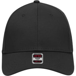 A black low-profile baseball cap with a six-panel structure and a logo on the front.