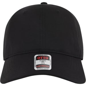 A black 6-panel low profile style baseball cap featuring a logo on the front and a label attached.