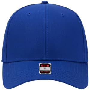 A blue 6-panel mid-profile baseball cap with a branded tag on the front.