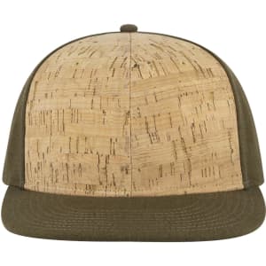 A six-panel mid-profile snapback cap featuring a cork-patterned front and an olive green visor. It has a logo on the side.