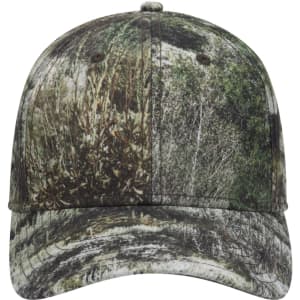 A camo 6-panel low profile baseball cap featuring a green and brown camouflage pattern. It has a logo on the front.