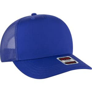 A blue 5 panel mid profile trucker cap with a mesh back and a logo tag on the front.