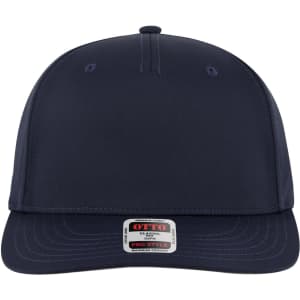 A navy blue 5 Panel Pro Style Snapback Hat featuring a flat brim and a logo on the front.