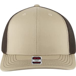 A beige mid-profile trucker cap with a brown mesh back and a logo on the front.